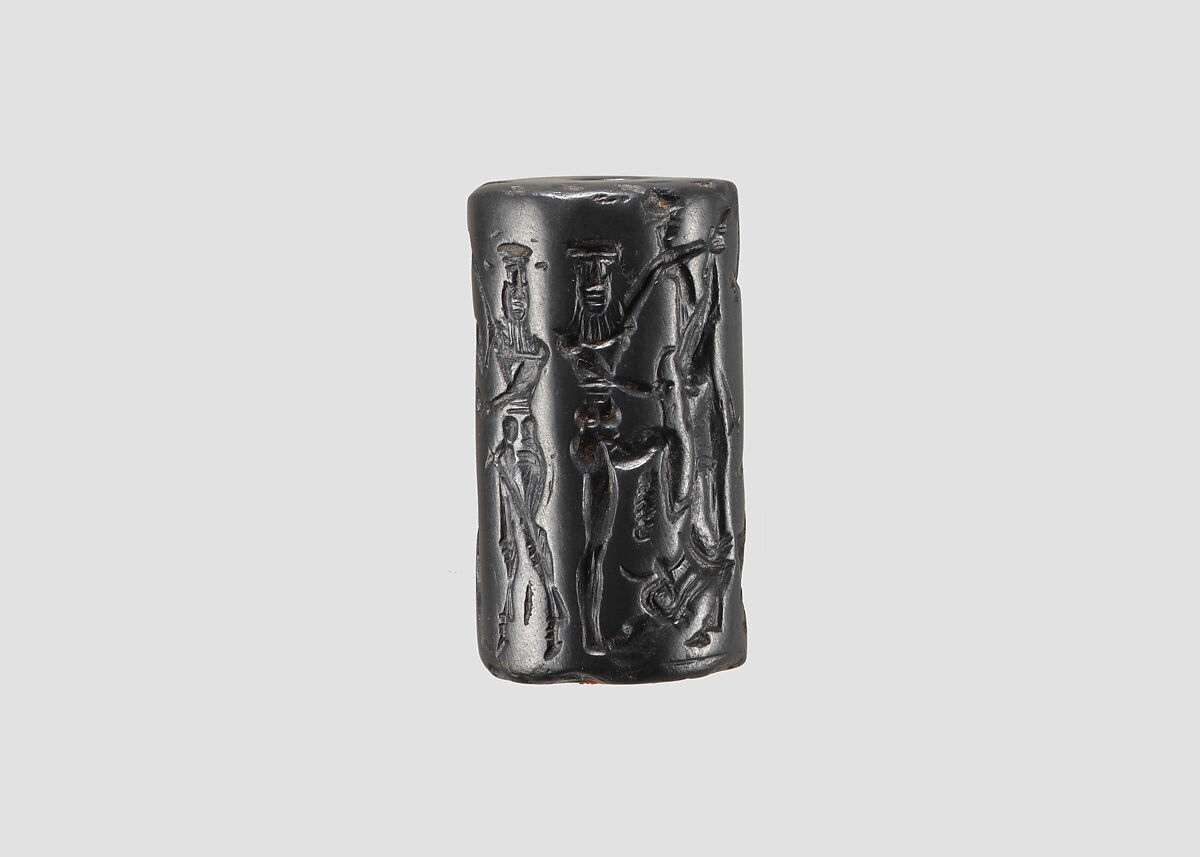 Cylinder seal with human and animal contests, Hematite, Akkadian