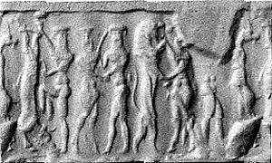 Cylinder seal with human and animal contests, Hematite, Akkadian 