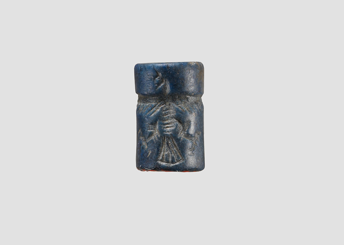 Cylinder seal and modern impression: bird, inscription, Lapis lazuli, Akkadian