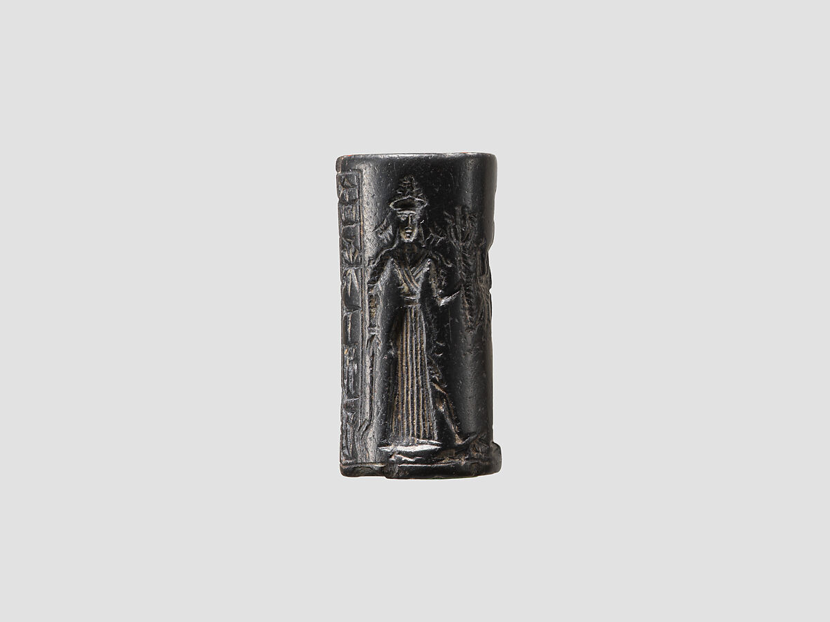 Cylinder seal and modern impression: suppliant goddess and offering bearer approaching Ishtar, three columns of inscription, Hematite, Babylonian