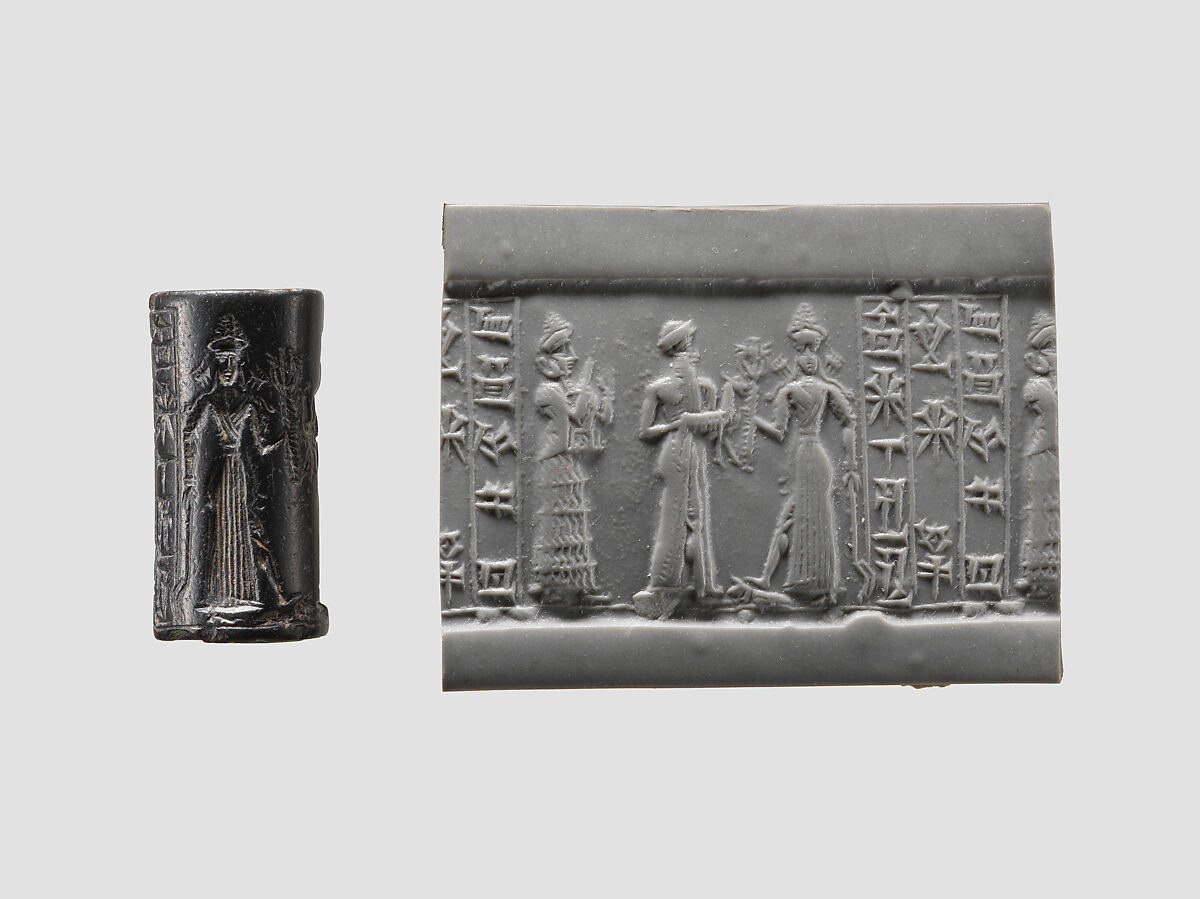 Cylinder seal and modern impression: suppliant goddess and offering bearer approaching Ishtar, three columns of inscription, Hematite, Babylonian 