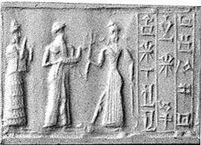 Cylinder seal and modern impression: suppliant goddess and offering bearer approaching Ishtar, three columns of inscription, Hematite, Babylonian 