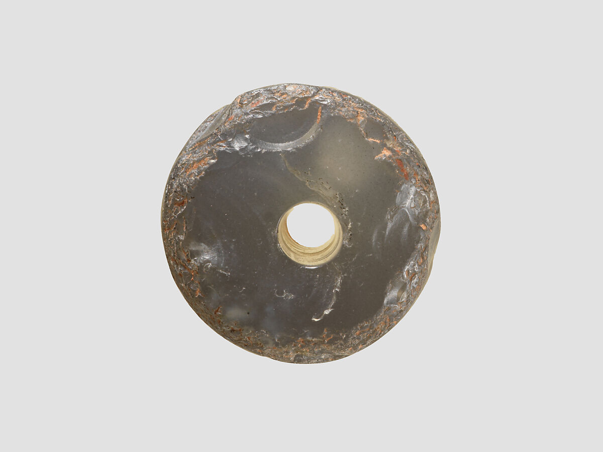 Cylinder seal with three-figure contest scene, Neutral Chalcedony (Quartz), Babylonian