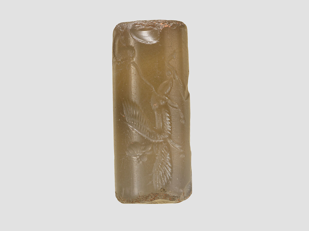 Cylinder seal with three-figure contest scene, Neutral Chalcedony (Quartz), Babylonian