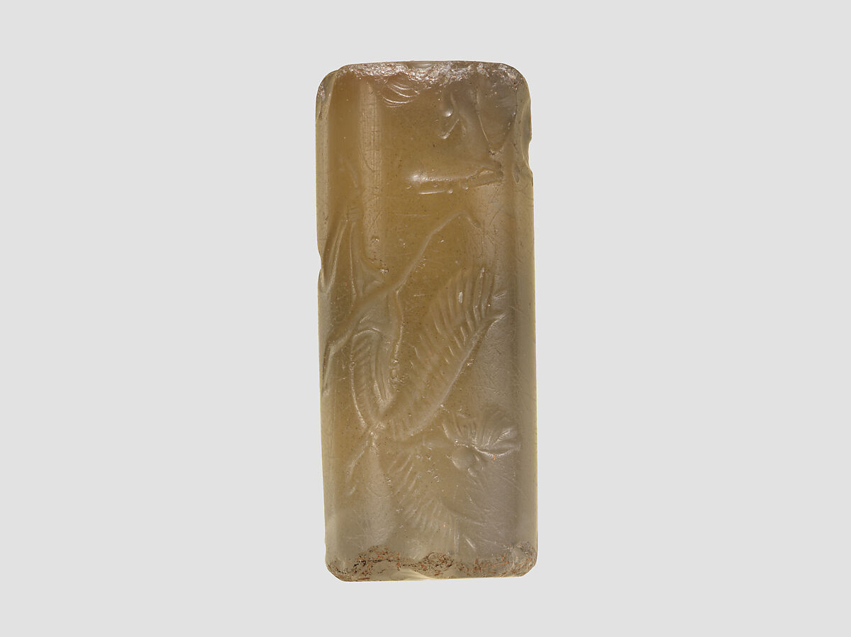 Cylinder seal with three-figure contest scene, Neutral Chalcedony (Quartz), Babylonian