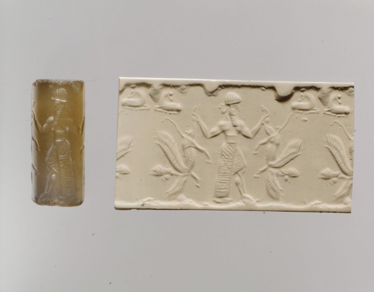 Cylinder seal with three-figure contest scene, Neutral Chalcedony (Quartz), Babylonian 