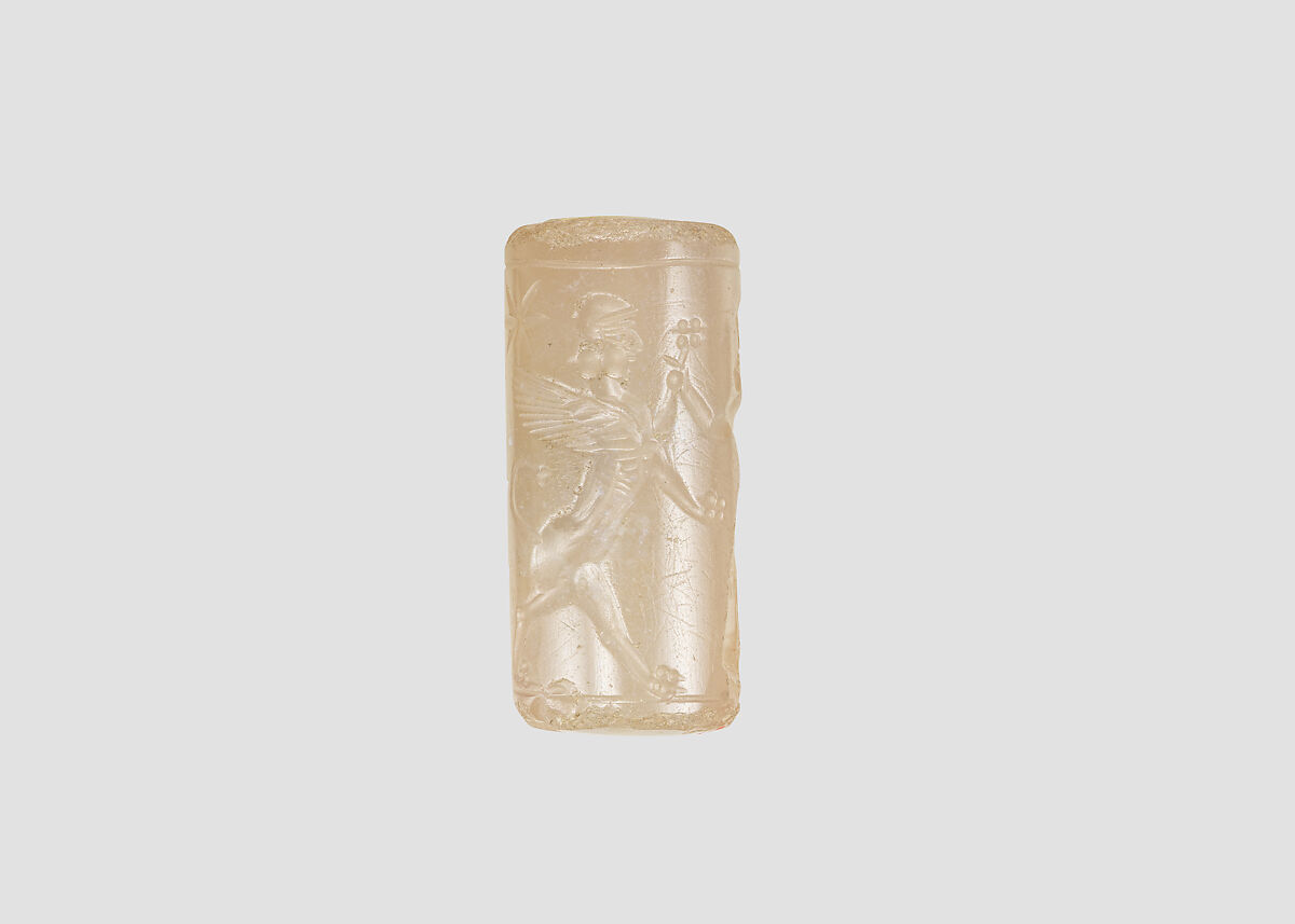 Cylinder seal with three-figure contest scene, Neutral Chalcedony (Quartz), Assyro-Babylonian