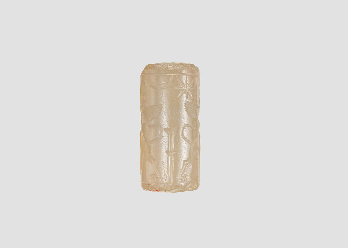 Cylinder seal with three-figure contest scene, Neutral Chalcedony (Quartz), Assyro-Babylonian