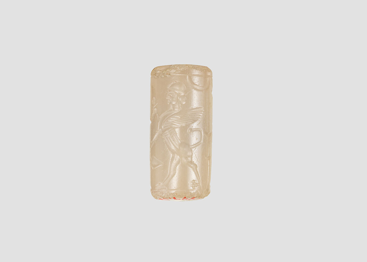 Cylinder seal with three-figure contest scene, Neutral Chalcedony (Quartz), Assyro-Babylonian