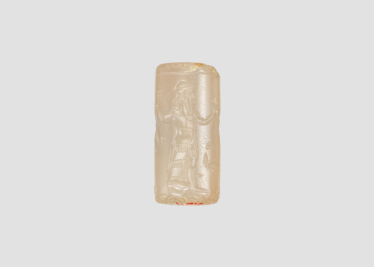 Cylinder seal with three-figure contest scene, Neutral Chalcedony (Quartz), Assyro-Babylonian