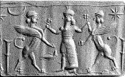 Cylinder seal with three-figure contest scene, Neutral Chalcedony (Quartz), Assyro-Babylonian 