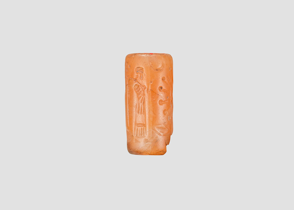 Cylinder seal with cultic scene, Veined orange and white Carnelian (Quartz), Assyrian
