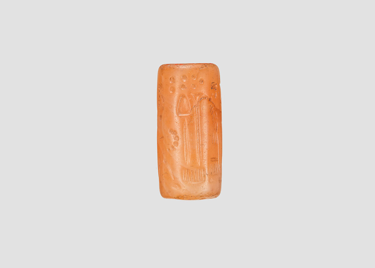 Cylinder seal with cultic scene, Veined orange and white Carnelian (Quartz), Assyrian