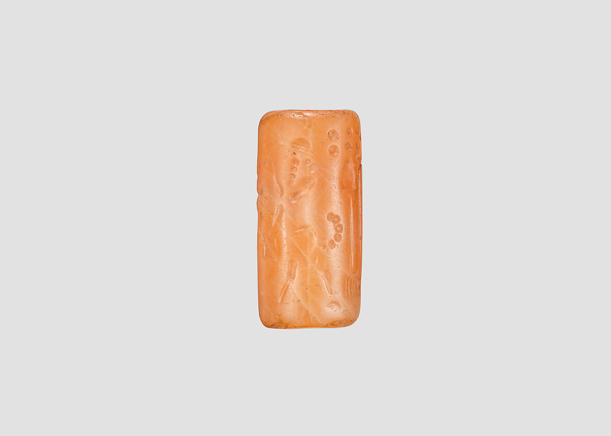 Cylinder seal with cultic scene, Veined orange and white Carnelian (Quartz), Assyrian