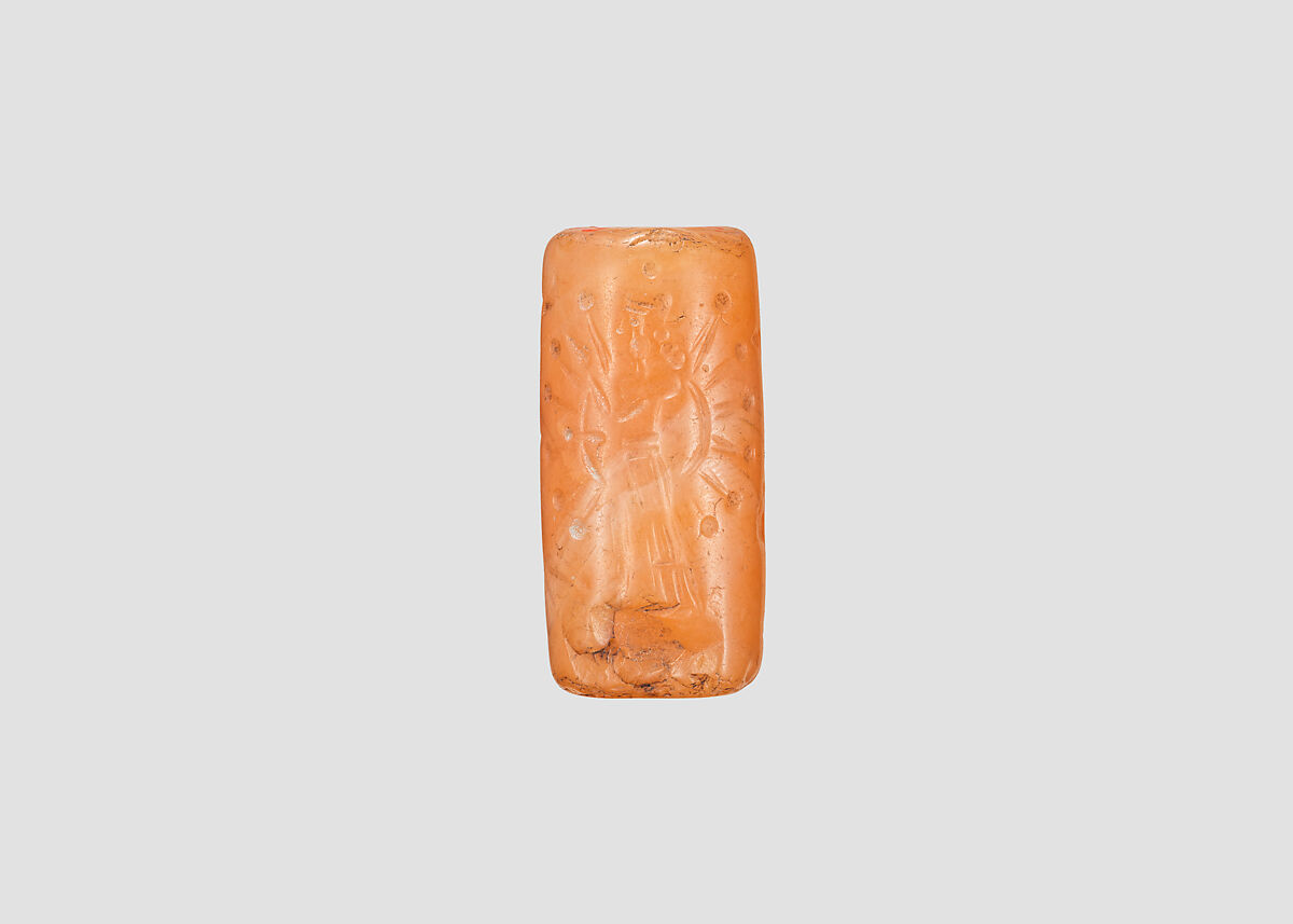 Cylinder seal with cultic scene, Veined orange and white Carnelian (Quartz), Assyrian