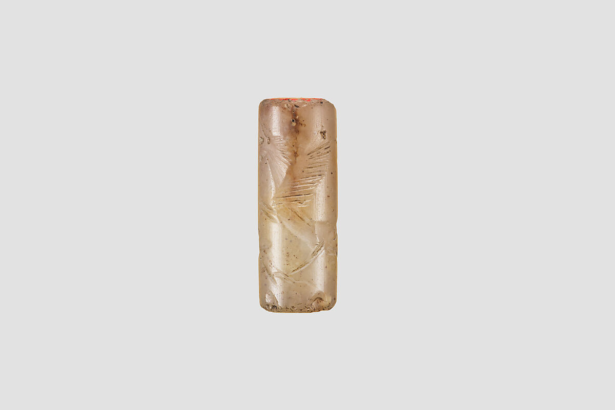 Cylinder seal with animal-monster contest scene, Flawed and veined neutral Chalcedony (Quartz), Babylonian