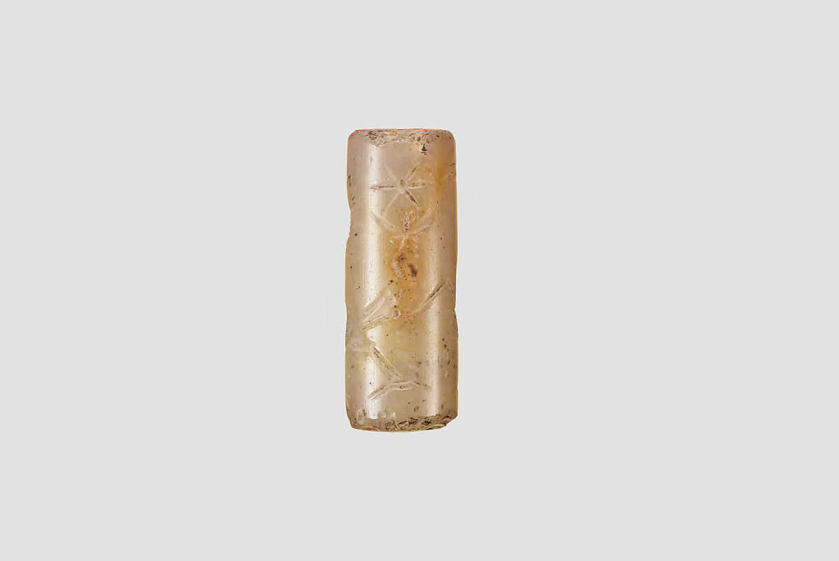Cylinder seal with animal-monster contest scene, Flawed and veined neutral Chalcedony (Quartz), Babylonian