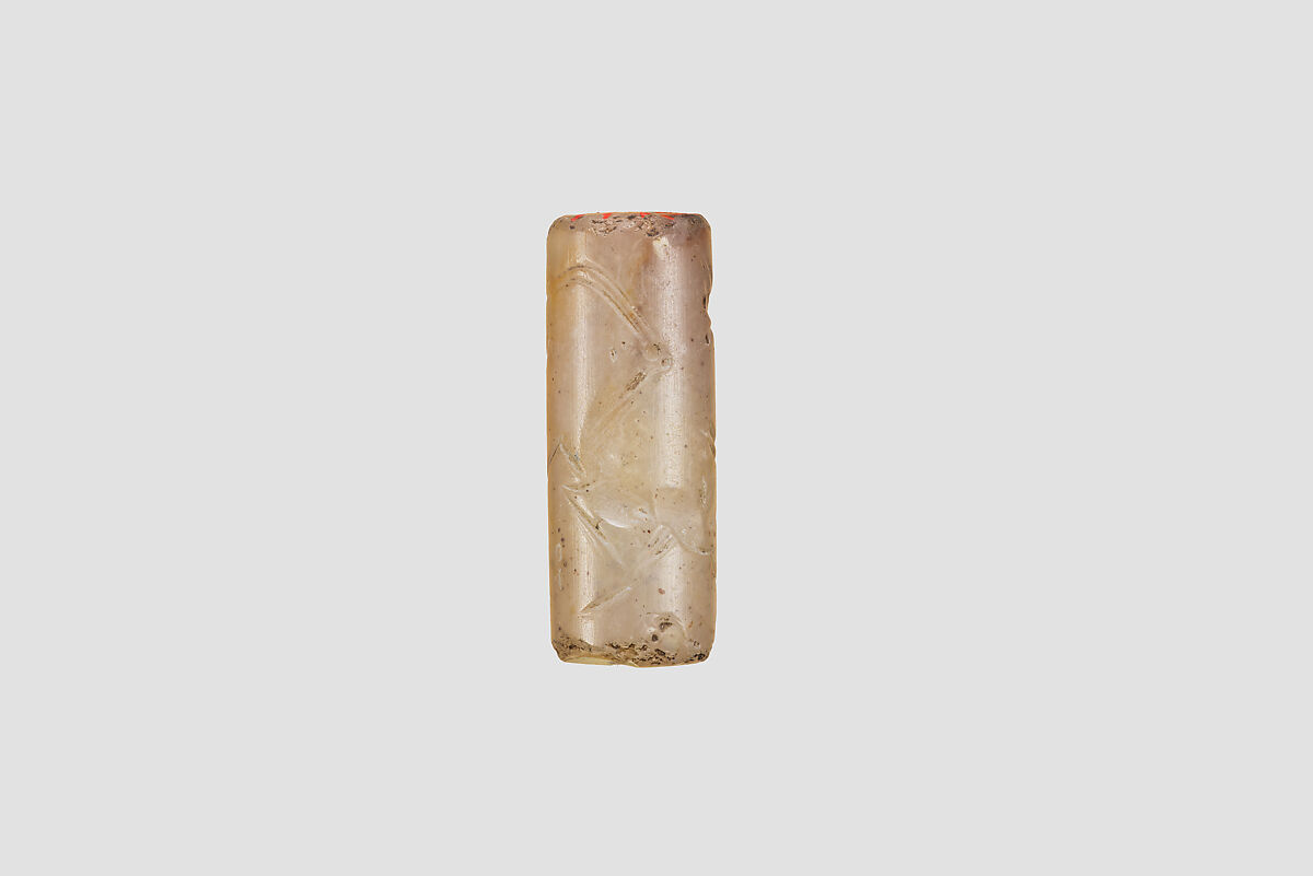 Cylinder seal with animal-monster contest scene, Flawed and veined neutral Chalcedony (Quartz), Babylonian