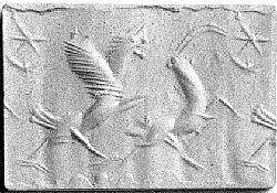 Cylinder seal with animal-monster contest scene, Flawed and veined neutral Chalcedony (Quartz), Babylonian 