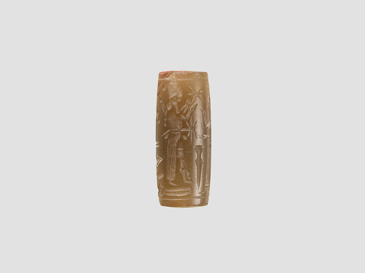Cylinder seal with cultic scene, Brown Chalcedony (Quartz), Assyrian