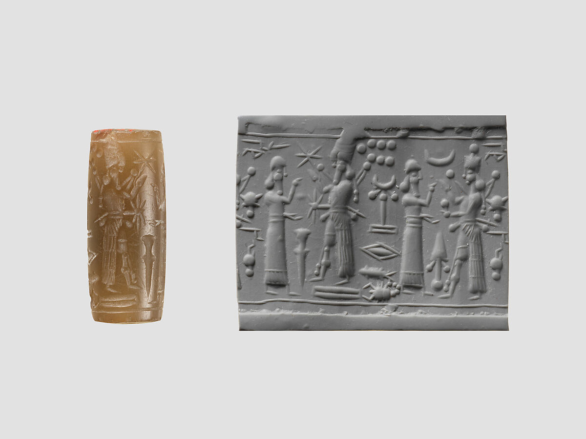Cylinder seal with cultic scene, Brown Chalcedony (Quartz), Assyrian 