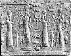 Cylinder seal with cultic scene, Brown Chalcedony (Quartz), Assyrian 