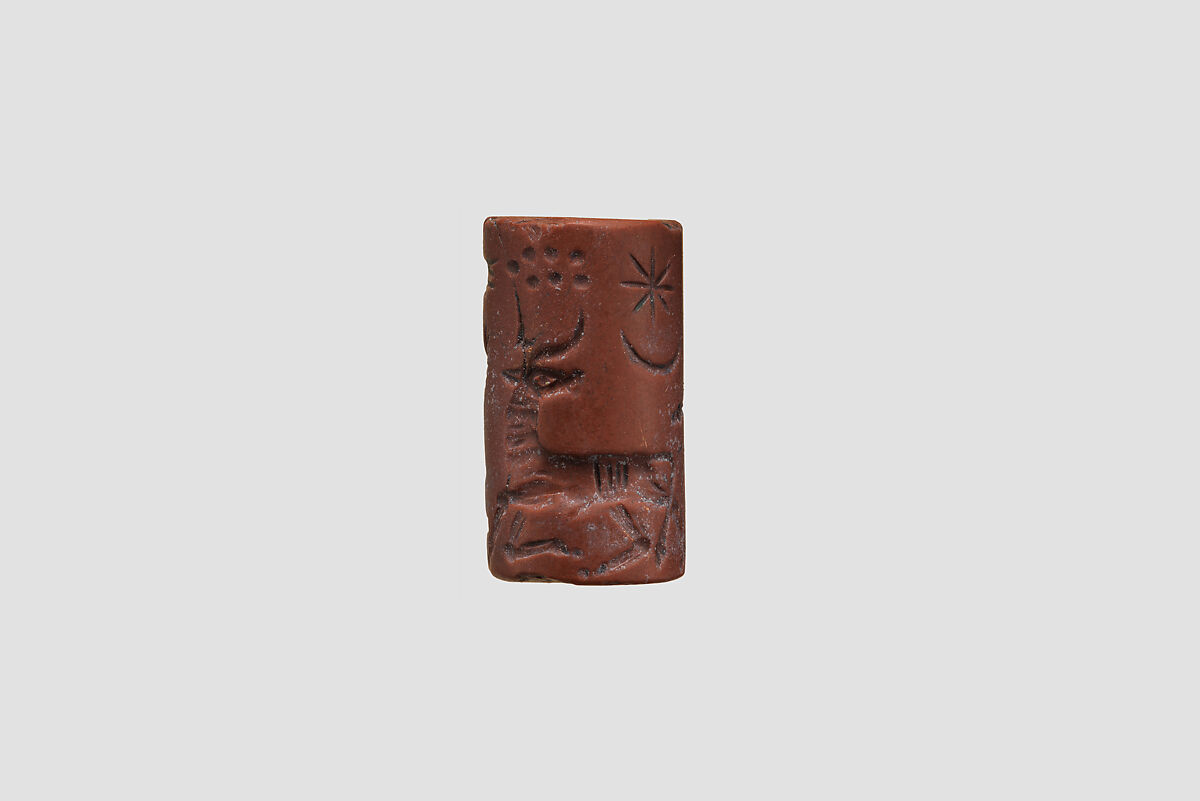Cylinder seal with cultic scene, Red Jasper (Quartz), Assyrian