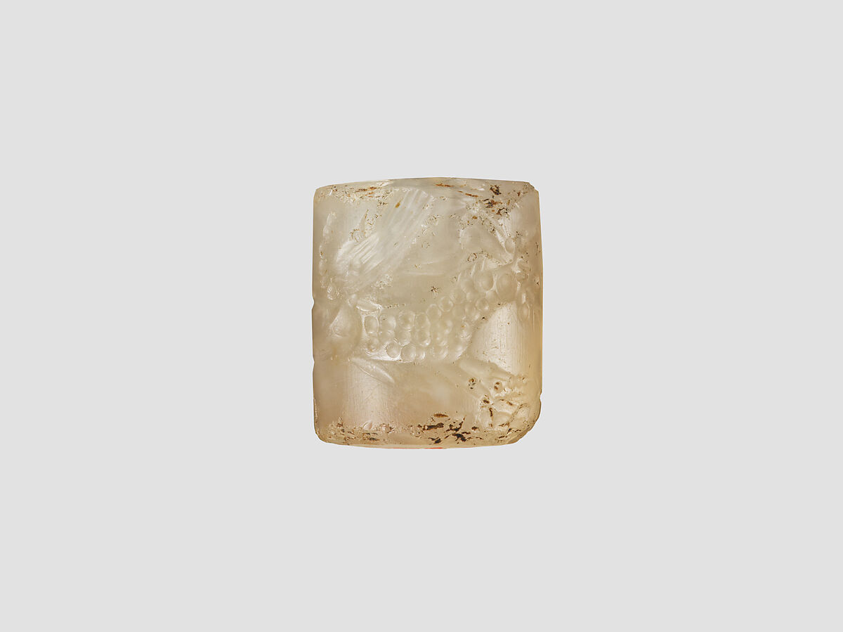 Cylinder seal with mythological contest scene, Flawed neutral Chalcedony (Quartz), Babylonian