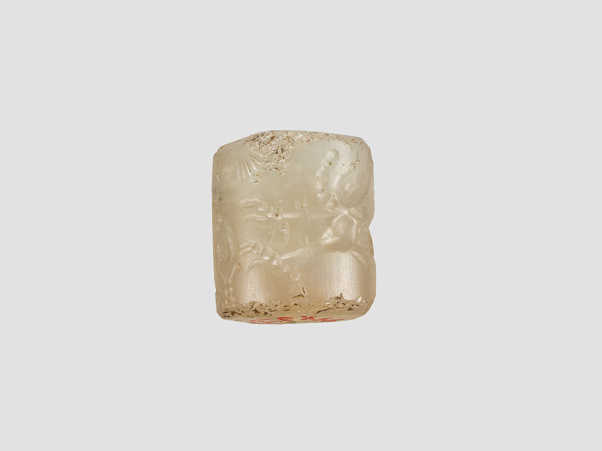 Cylinder seal with mythological contest scene, Flawed neutral Chalcedony (Quartz), Babylonian