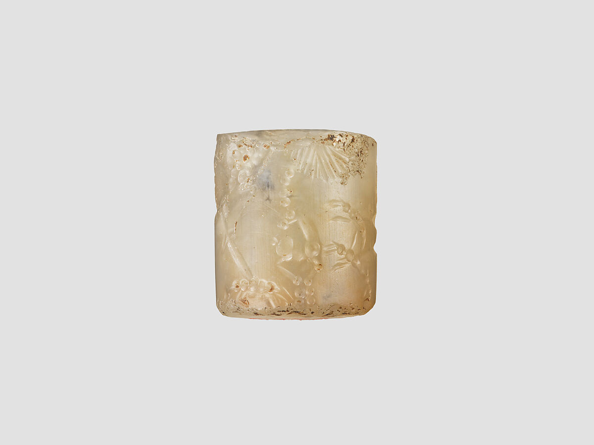 Cylinder seal with mythological contest scene, Flawed neutral Chalcedony (Quartz), Babylonian