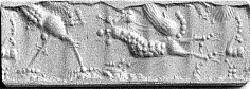 Cylinder seal with mythological contest scene, Flawed neutral Chalcedony (Quartz), Babylonian 