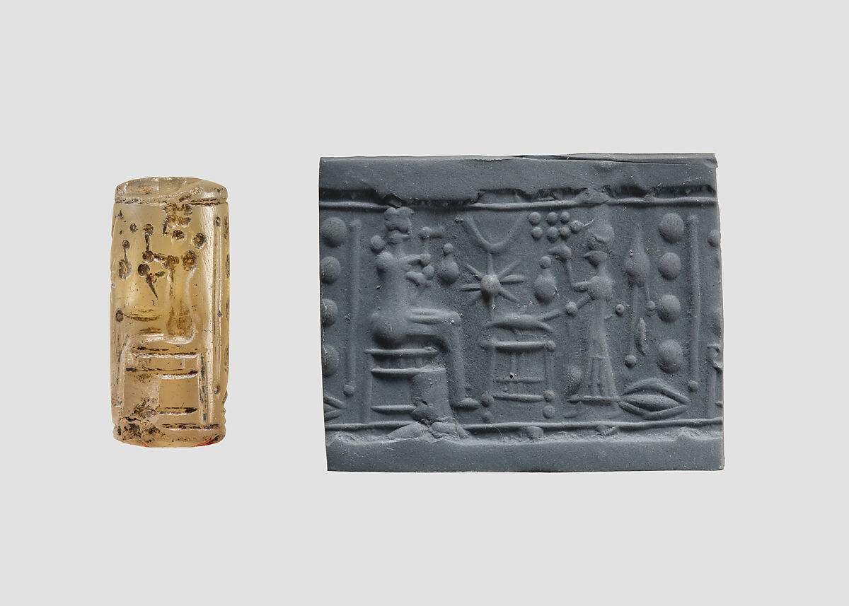 Cylinder seal with cultic banquet scene, Flawed neutral Chalcedony (Quartz), Assyrian 