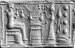Cylinder seal with cultic banquet scene, Flawed neutral Chalcedony (Quartz), Assyrian 