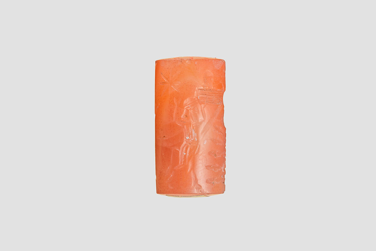 Cylinder seal with cultic scene, Veined orange Carnelian (Quartz), Assyrian