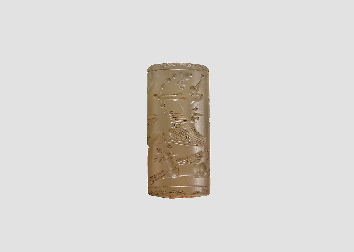 Cylinder seal with mythological contest scene, Neutral Chalcedony (Quartz), Assyrian