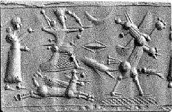 Cylinder seal with mythological contest scene, Neutral Chalcedony (Quartz), Assyrian 