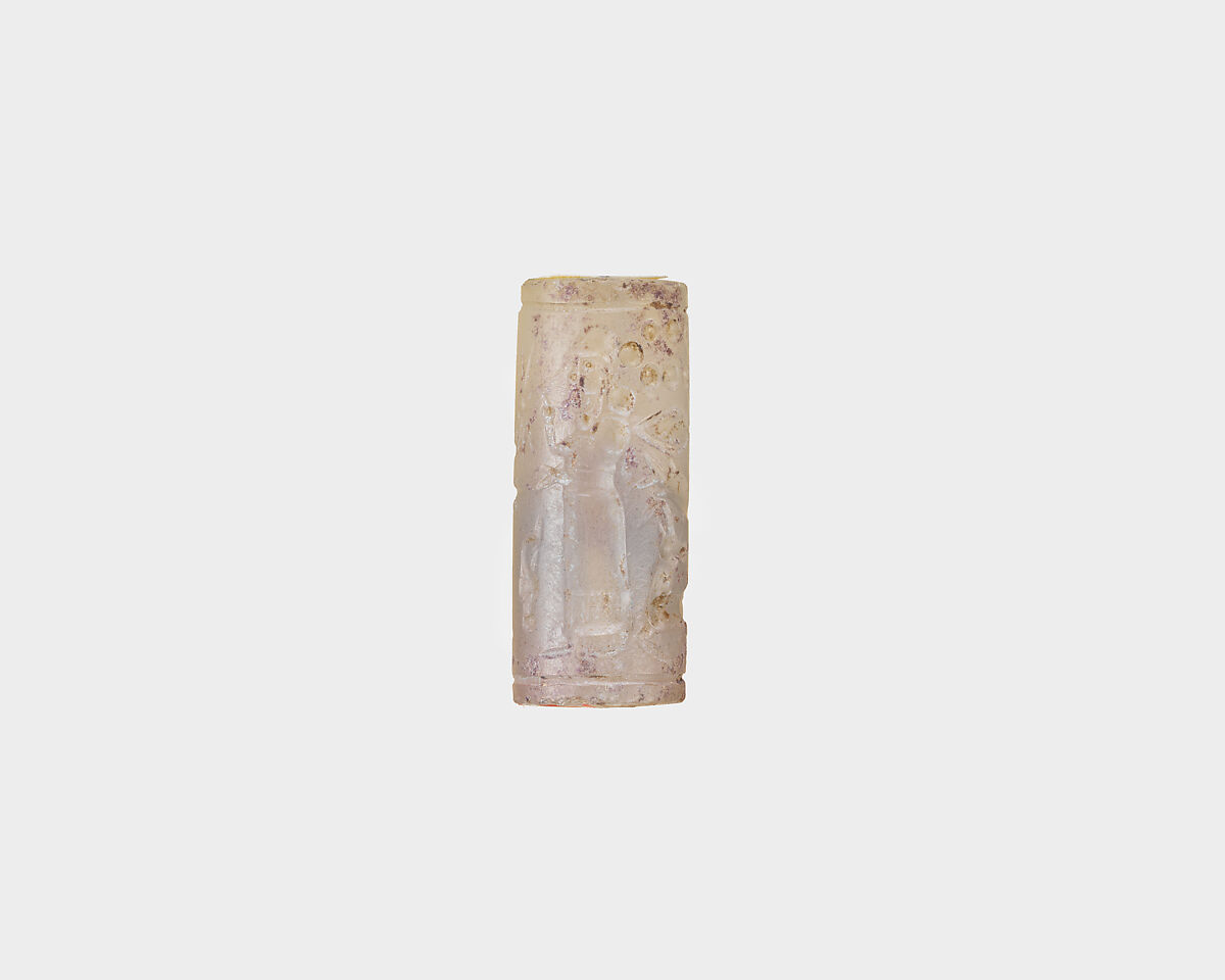 Cylinder seal with cultic scene, Neutral Chalcedony (Quartz), Assyrian