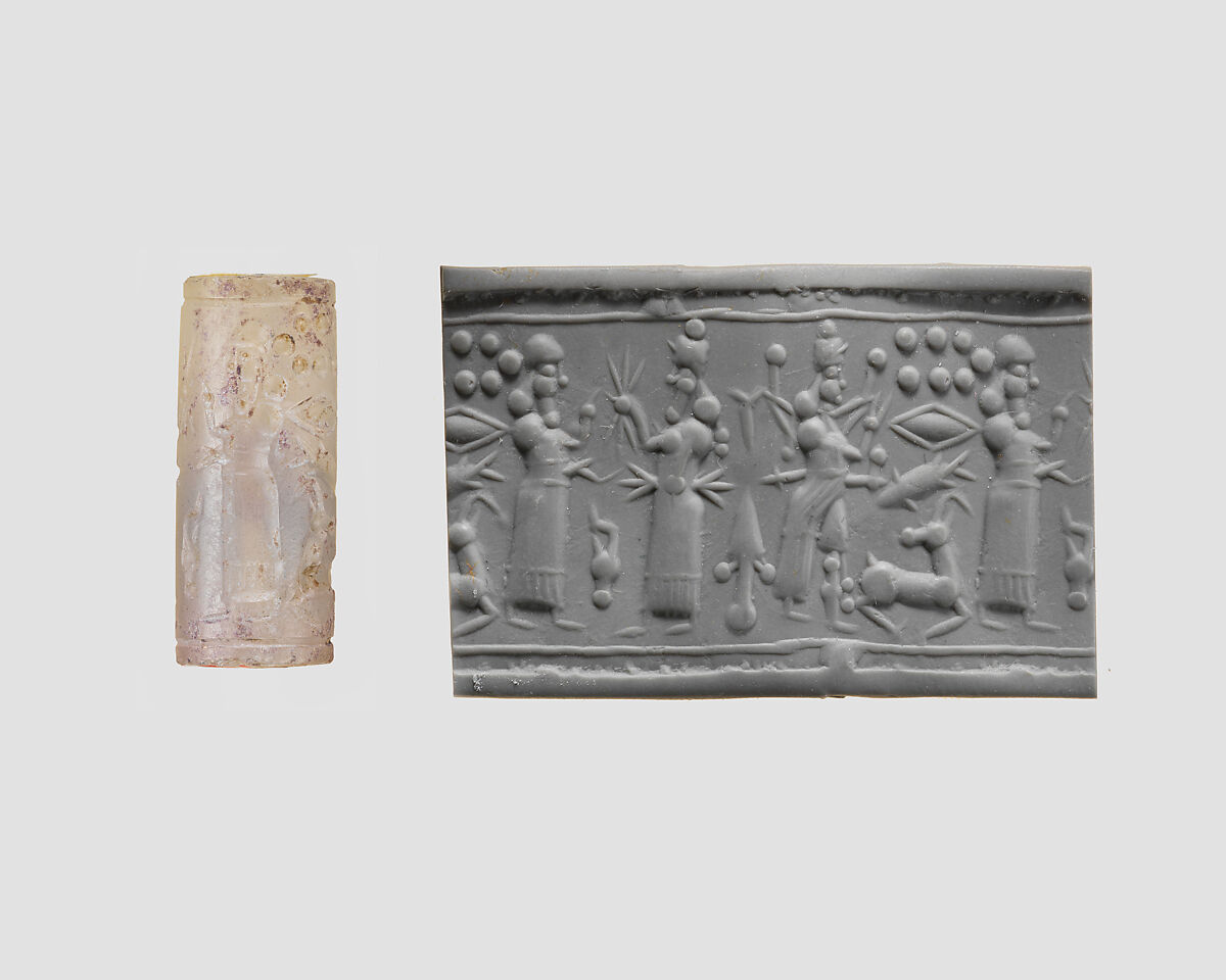 Cylinder seal with cultic scene, Neutral Chalcedony (Quartz), Assyrian 