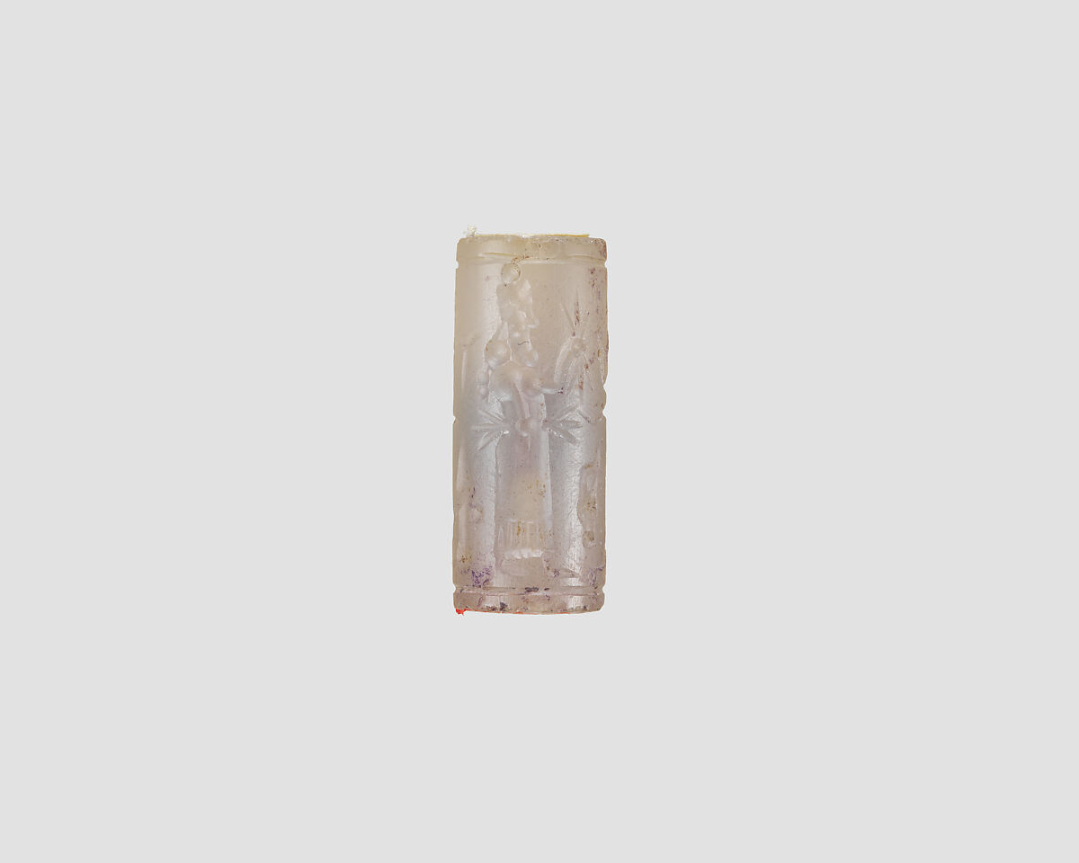 Cylinder seal with cultic scene, Neutral Chalcedony (Quartz), Assyrian