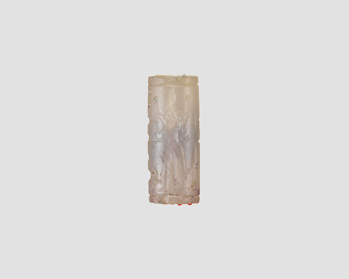 Cylinder seal with cultic scene, Neutral Chalcedony (Quartz), Assyrian