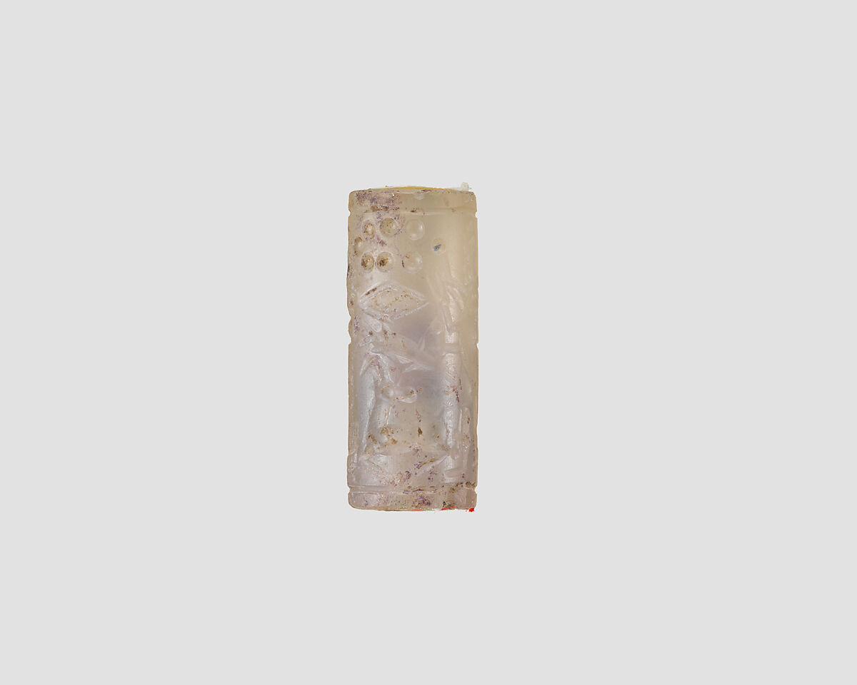 Cylinder seal with cultic scene, Neutral Chalcedony (Quartz), Assyrian