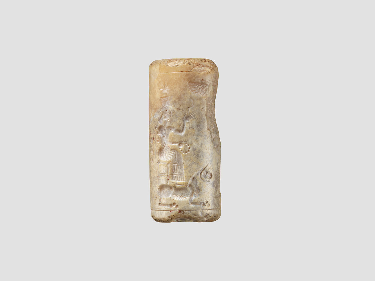 Cylinder seal with cultic scene, Mottled gray and cream Chalcedony (Quartz), Assyrian