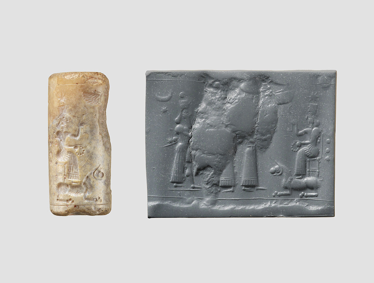Cylinder seal with cultic scene, Mottled gray and cream Chalcedony (Quartz), Assyrian 