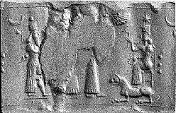 Cylinder seal with cultic scene, Mottled gray and cream Chalcedony (Quartz), Assyrian 