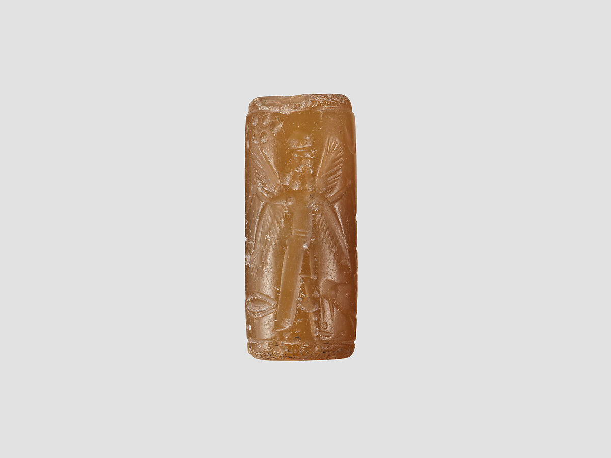 Cylinder seal with three-figure contest scene, Brown Chalcedony (Quartz), Assyrian
