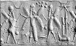 Cylinder seal with three-figure contest scene, Brown Chalcedony (Quartz), Assyrian 