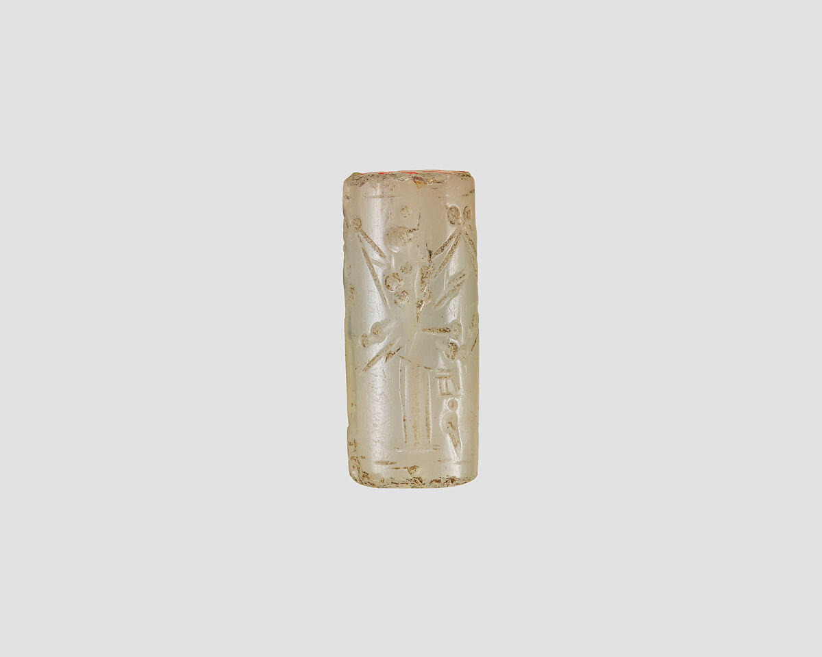 Cylinder seal with cultic scene, Neutral Chalcedony (Quartz), Assyro-Babylonian