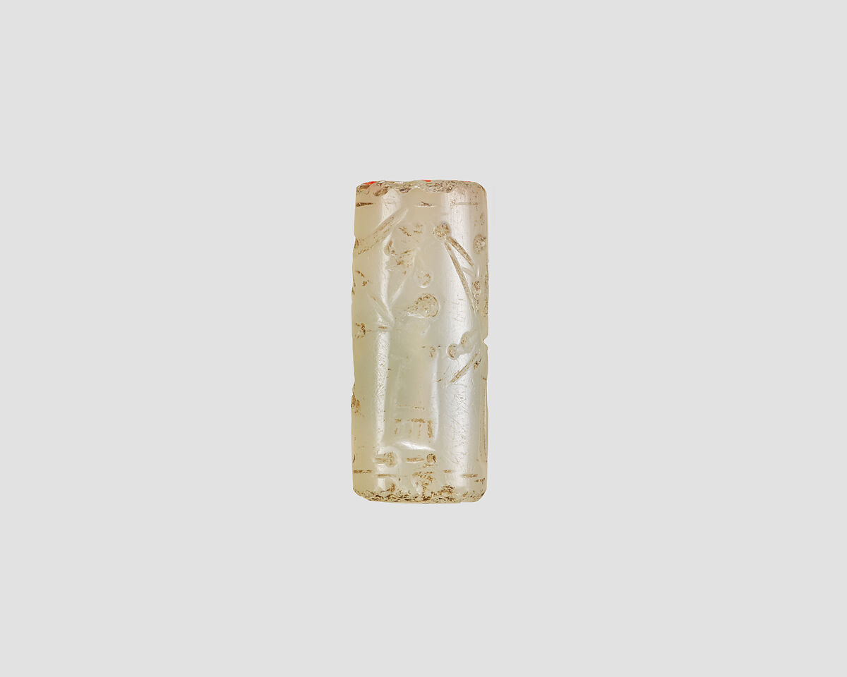 Cylinder seal with cultic scene, Neutral Chalcedony (Quartz), Assyro-Babylonian