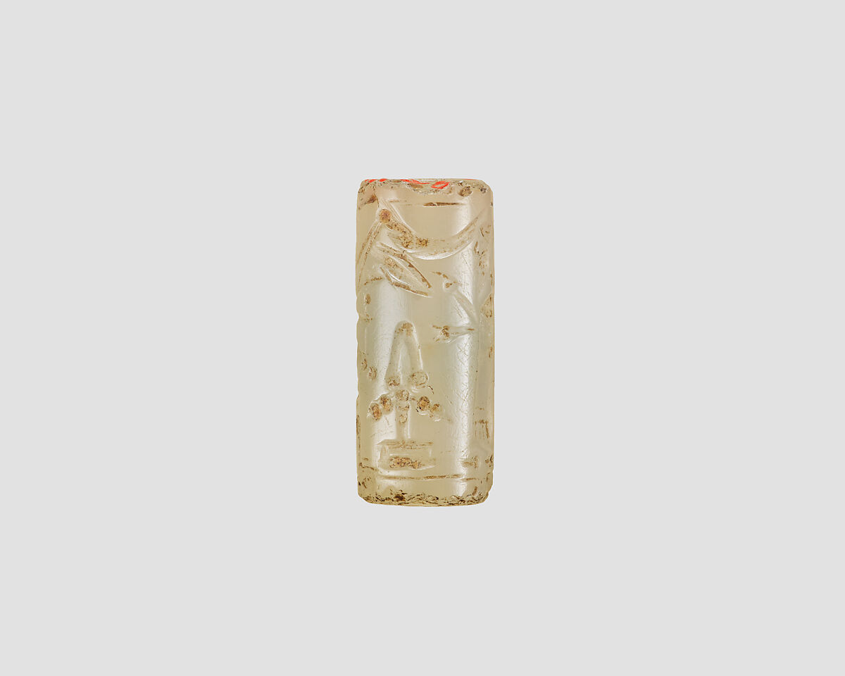 Cylinder seal with cultic scene, Neutral Chalcedony (Quartz), Assyro-Babylonian