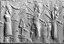 Cylinder seal with cultic scene, Neutral Chalcedony (Quartz), Assyro-Babylonian 